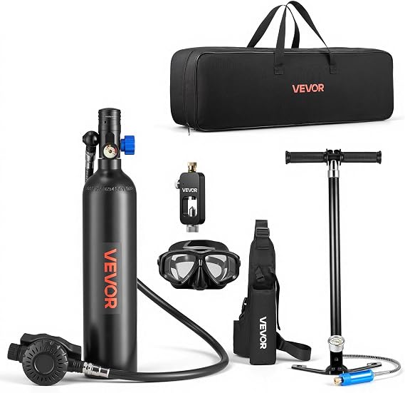 VEVOR Mini Scuba Tank, 1L Portable Diving Tank for Underwater Breathing, Reusable Lung Diving Cylinder up to 20 Minutes Dive Time, Emergency Rescue Pony Bottle with Adapter & Goggles for Snorkeling