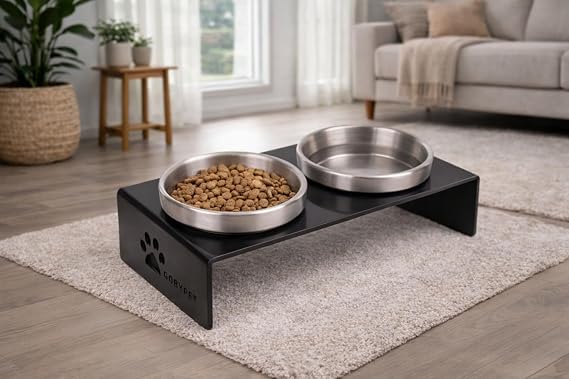 GOBYPET 2’li Seramik Mama ve Su Kabı Seti – Siyah Pleksi Standlı, Kaymaz Paspas Hediyeli (Paslanmaz Metal)