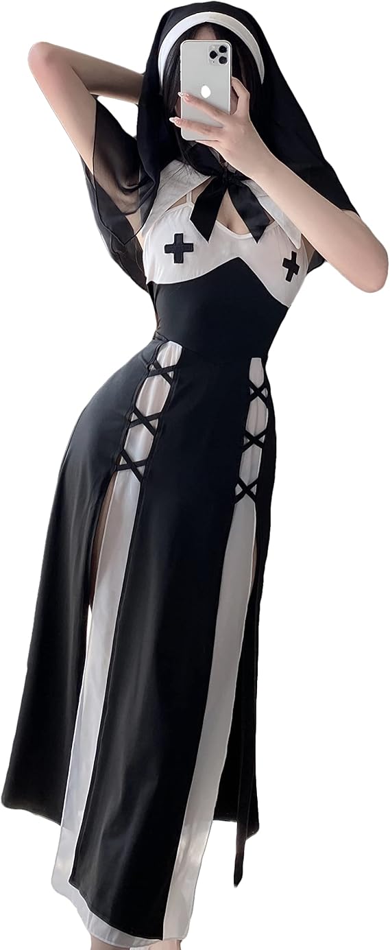 JasmyGirls Nun Costume Sexy Cosplay Lingerie Halloween Anime Maid Outfit Goth Devil Roleplay Naughty Succubus Adult Fancy Dress Up