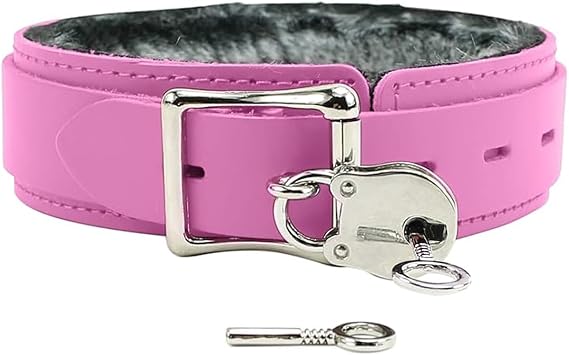 Avery Collar Faux Chinchilla Fur Latigo Leather Handcrafted (Large, Pink)