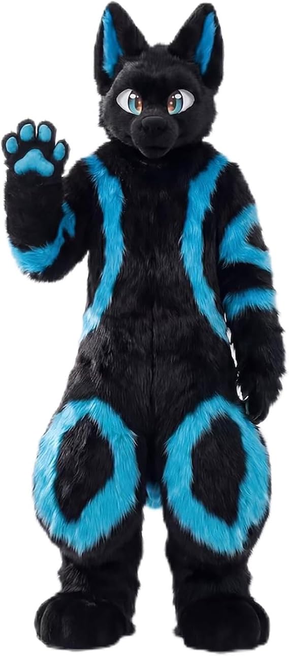 Fursuit Fullsuit Husky Wolf Costume - Hand-Made Furry Mascot with Digitigrade Padded Legs & 3D Eyes - Black/Blue
