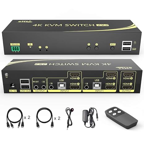 eKL HDMI KVM Switch 2 in 2 Out Dual Monitor Extended Display 4K@60Hz 4:4:4 with Audio and USB 2.0 Hub Sharing PC Monitor Keyboard Mouse Switcher