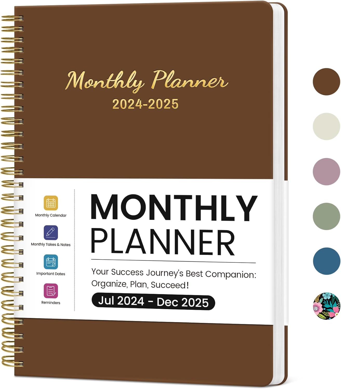 Monthly Planner 2024-2025, 2024 Calendar 18 Months Planner, JUL 2024 - DEC 2025, 7.4 x 9.6, 2024 Planner Spiral Bound, Perfect for School & Office -Brown