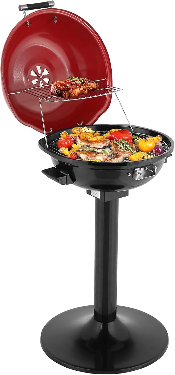 Electric BBQ Grill with Stand, 15-Serving Indoor/Outdoor Electric Grill for Indoor & Outdoor Use, Double Layer Design, Portable Removable Stand Grill, 1600W (Stand Red BBQ Grills)