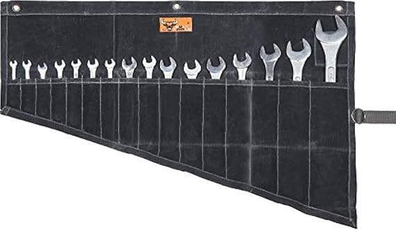 Tool Set Organizer, Pouch for Tool Kit W 16 Pockets Wrench Set Organizer, Metric & SAE Durable Waxed Canvas, Roll-Up Tool Bag for Mechanics, DIYers & Electricians (Tools Not Included) BULL TOOLS