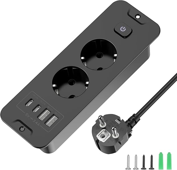 Versenkbare Steckdose 2-Fach mit Schalter USB C PD 20W 2m Schwarz