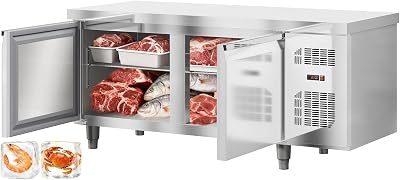 Acekool 72 Commercial Freezer Undercounter Prep Table, 18 Cu. Ft Stainless Steel Freezing Food Prep Station with 2 Doors, Frost Free Refrigerator for Restaurant, Bar, Store