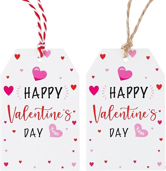 jijAcraft 50Pcs Valentines Gift Tags - Happy Valentine's Day Tags with String, White Paper Candy Bags Labels for Party Favors, Small Business, Classroom Exchange