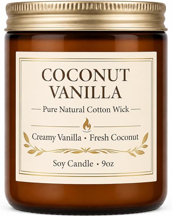 Coconut Vanilla Candle - 9oz Scented Candle, Natural Soy Candles for Home