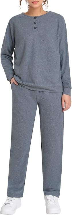 Weintee Women's Petite Sweatsuits Button Down Sweatshirt and Sweatpants Sets Cotton Jogging Suits