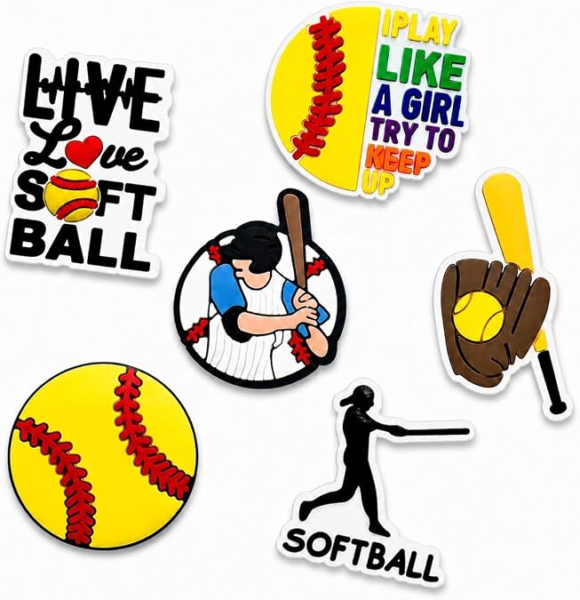 Softball Charms for Bogg Bag, Softball -Themed, Compatible with Simply Southern Beach Tote, 6 Pcs Beach Bag Charms Rubber Inserts Accessories for Women Girls (Softball)