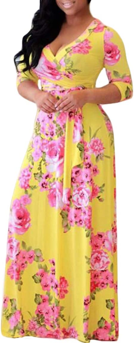Olens Women 3/4 Long Sleeve Wrap V Neck Floral Printed Long Maxi Dress Plus Size