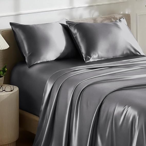 Bare Home Poly Satin Sheet Set Similar to Silk (Queen, Grey)