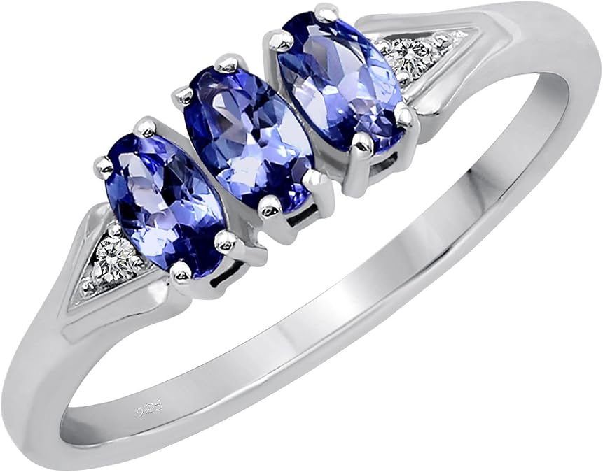 Natural Tanzanite & Diamond Rings For Women, 925 Sterling Silver, 3x5mm