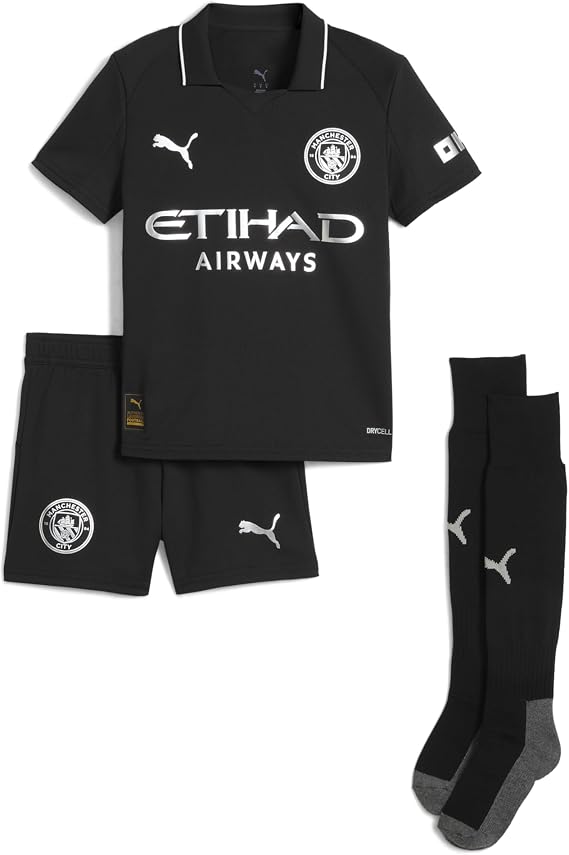 PUMA Manchester City Little Kids 2025/26 Away Mini Kit - Black | Official 3-piece set; jersey, shorts & socks; dryCELL moisture-wicking; regular fit; breathable fabric
