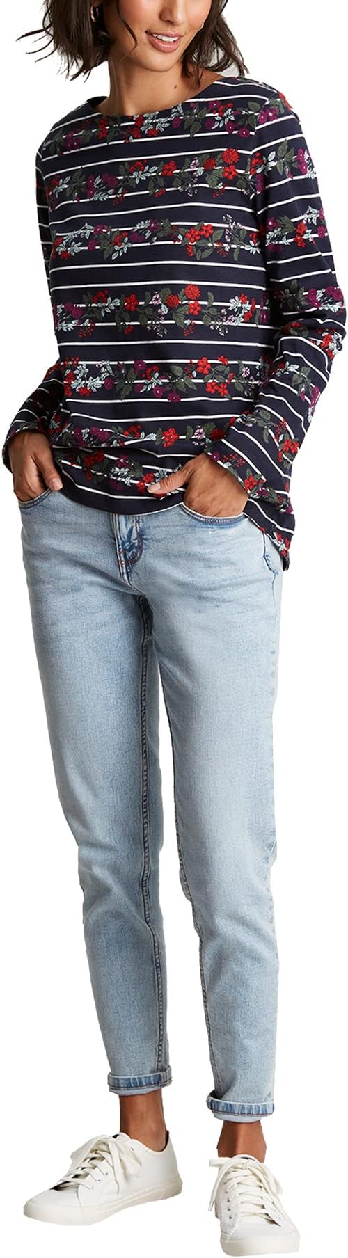 Joules Women's Harbour Print Long Sleeve Jersey Top, Navy Floral Stripe, US2 / UK6