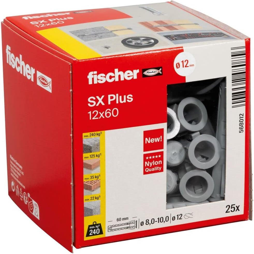 fischer Expansion dowels SX Plus 12 x 60 box of 25 nylon dowels dowels for optimal hold for fixings in concrete solid brick aerated concrete perforated bricks and much more.