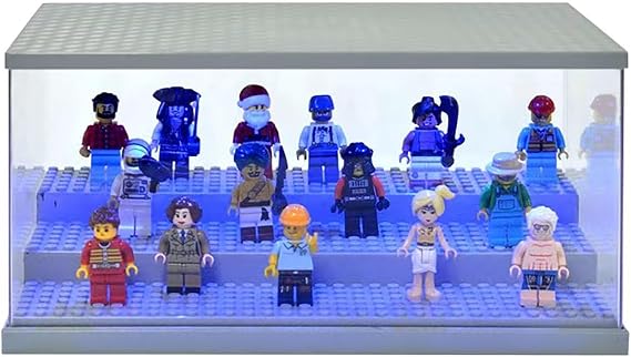 Display Case with LED Light for Mini Figure Action Figure Blocks 3 Layer Acrylic Minifigure Storage Display Box for Lego Minifigures Gray