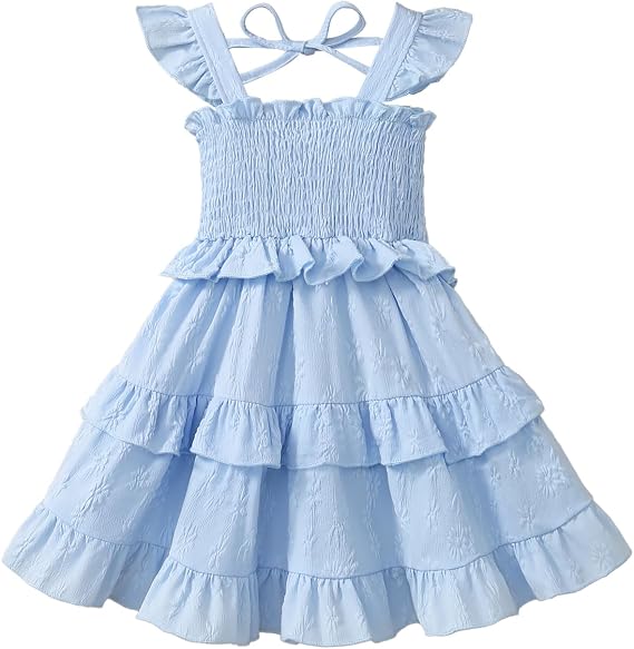 Toddler Girls Summer Smocked Dress Flutter Sleeve Tiered Ruffle Sundress