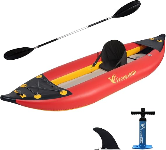 Freein 1-2 Person Professional Series Inflatable Kayak Set with Paddle, Seat, Fin, High-Output Air Pump, Carry Bag, 10'6" Emergency Sit-in Boat