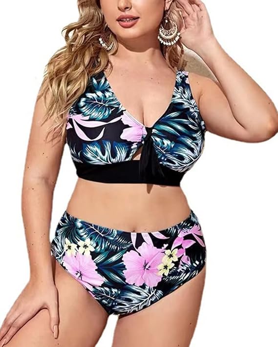 Sports Style Plus Size Women Bikini Swimsuit 2 Pieces Tropical Floral Printed Push Up Bathing Suit Tie Front