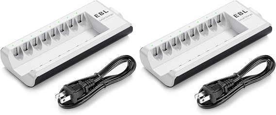 EBL AA AAA Battery Charger, 8-Bay Individual Charger for NiMH NiCD Rechargeable Batteries with AC Plug Fast Charging (Pack of 2)