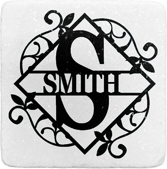 Personalized Initial and Last Name Stone Coasters, Customized Stone Coasters for Home & Drink, Custom Gifts, Wedding Gifts (White, 2)