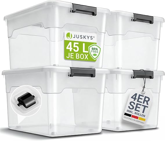 Juskys Storage Box with Lid Set of 4 Plastic Boxes 45 L Large Stackable Transparent Storage Organiser System Storage Boxes