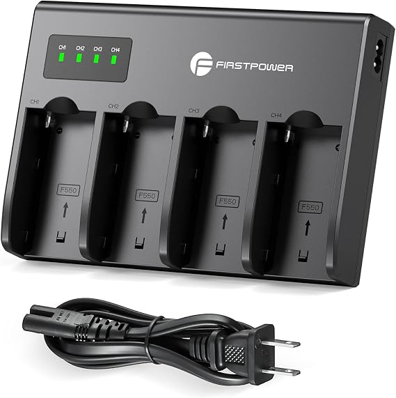 FirstPower 4-Channel Fast Charger for Sony NP-F970, NP-F960, NP-F950, NP-F930, NP-F770, NP-F750, NP-F570, NP-F550, NP-F530 Camera Camcorder Battery