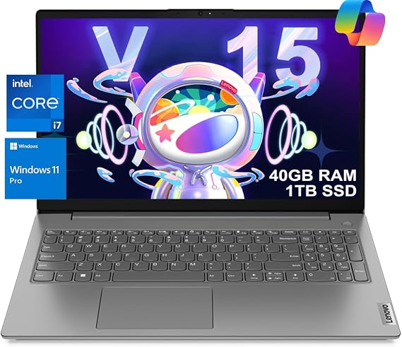 Lenovo Laptop Computer V15, Intel Core i7-1255U, 40GB RAM, 1TB SSD | 15.6" FHD Anti-Glare, Business, Home, Student, Numeric Keypad, Webcam w/Shutter, Type-C, RJ-45, Win 11 Pro w/AI Copilot, Grey