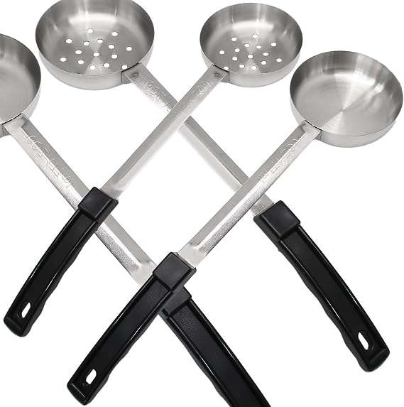 Portion Control Serving Spoons, Black, 6 oz, 4PCS | Measuring Ladle Scoops, Slotted and Unslotted, Proportion Manage Scoops Weight Loss/Kitchen