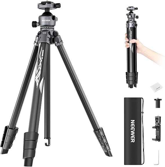 NEEWER LITETRIP LT07 61" Aluminum Travel Camera Tripod, Portable Stand with Ball Head Dual Axis Cell Phone Holder Arca QR Plate Compatible with iPhone for Video Recording, Max Load 22lb