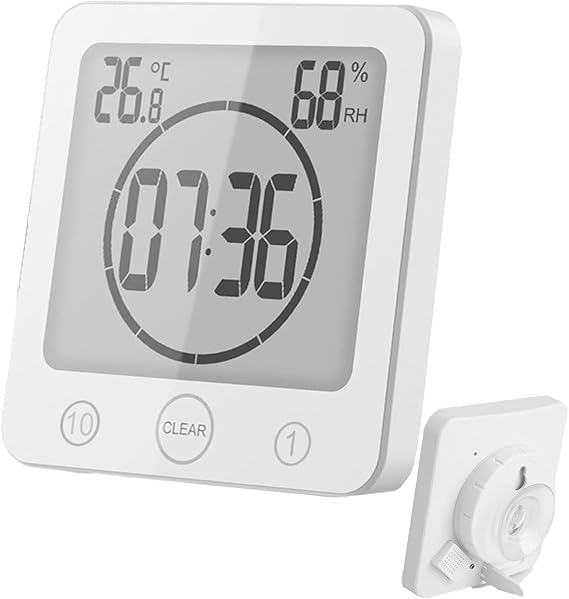 BJLIFE Waterproof Shower Clock, Digital Countdown Shower Timer with Alarm, Temperature & Humidity Touch Screen Bathroom Wall Timer with Suction Cup Hanging Hole, White