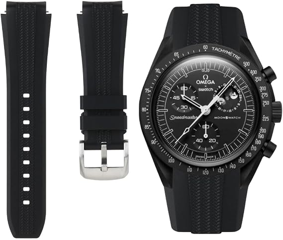 Mesh Curved End Rubber Watch Straps for Omega x Swatch MoonSwatch - No Curved Gap Quick Release Replacement Silicone Tapes for Moonwatch Speedmaster for Men and Women - 20 mm (Black, 20 mm)
