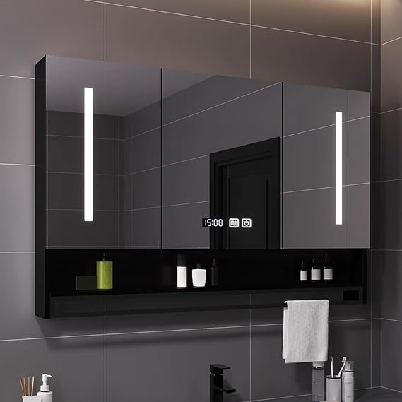 Bathroom Medicine Cabinet with LED Lights and Smart Mirror, Wall Mounted Vanity Mirror Cabinet with Storage Shelf, Defogger, Touch Switch, Clock and Temper Display 40"x32" (Color : B, Size :