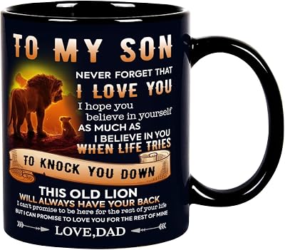 Fatbaby Birthday Coffee Mug Gifts for Son From Dad,Dad To My Son Gifts for Christmas Thanksgiving Farewell,Male Lion Black Tea Cup 11OZ