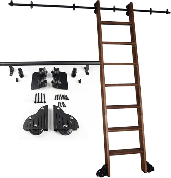 Sliding Barn Door Hardware Kit | Library Rolling Ladder Track Hardware | Round Tube Carbon Steel Slide | Sliding Track Roller System Rail, with Wheels (No Ladder), 1m 2m 3m 4m 5m 6m