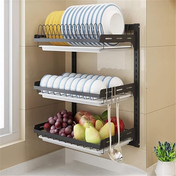 Stainless Steel Dish Rack Free Punch Wall Hanging Kitchen Racks Dish Storage Rack Storage Box Drain RackA40.2  28.5  55.5cm