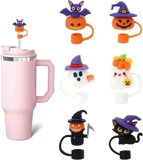 6PCS Straw Toppers for Stanley Cups,Boo Basket Stuffers for Women Men,Reusable Cute Ghost Drinking Straw Cover Cap Silicone Topper,Halloween Straws Toppers for Stanley Cup,Halloween Gifts