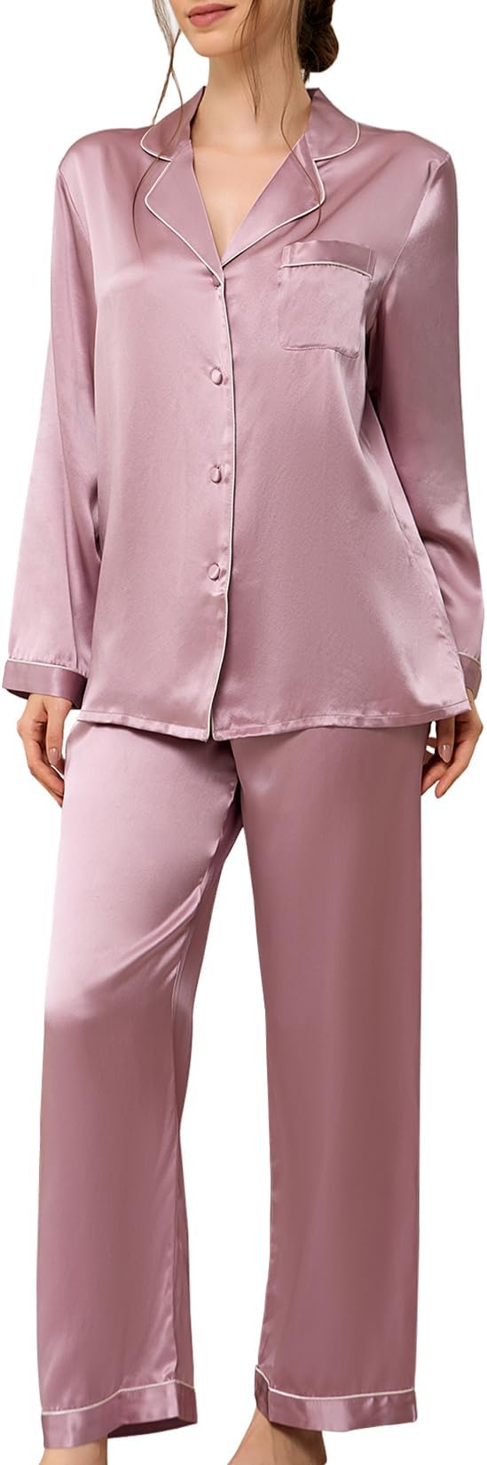 THXSILK Silk Women Pajamas Sets, Long Sleeve Sleepwear Button Down Nightwear, 19 Momme Mulberry Silk PJ Sets