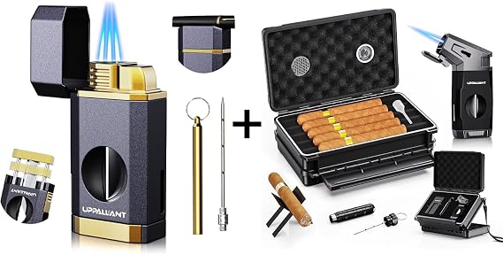 Triple Flame Torch Lighter with Travel Cigar Humidor Case Set