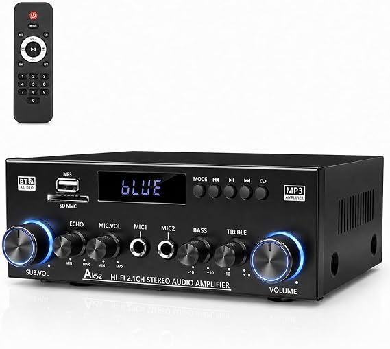 Bluetooth 5.0 Stereo Amplifier, 2.1 Channel 400W Home Audio Stereo Receiver for 2 Passive Speakers & Passive Subwoofer, Dual Mic Inputs, USB/SD/FM, Bass Treble Echo Control, Remote Control