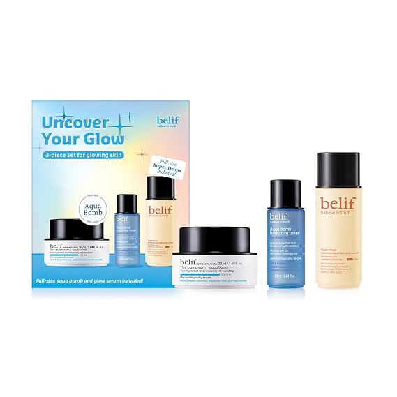 belif Gift Set - Aqua Bomb Daily Face Moisturizer, Niacinamide Vitamin C Golden Glow Serum, Aqua Bomb Hydrating Toner - Hyaluronic Acid, For All Skin Types, Korean Skin Care