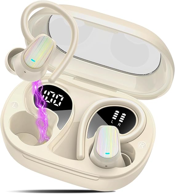 Jesebang Wireless Earbuds, Bluetooth 5.4 Headphones Sport, Over Earbuds with Hook for Running Workout, Beige