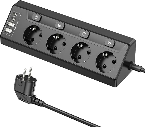 Corner Socket Kitchen 4 Compartments Table Socket with 2 USB C Corner Socket Strip with 2 USB Desk Socket Kitchen Socket Wall Mounting Multiple Socket Switch - 2 m Black