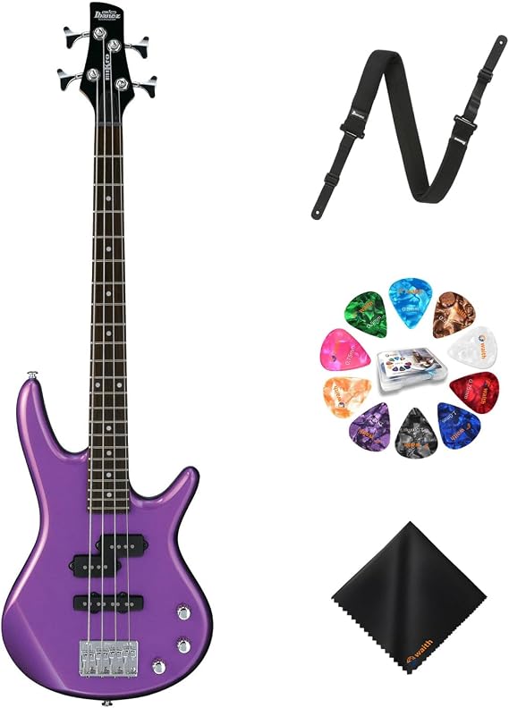 Ibanez GSRM20 4-String Bass Guitar (Metallic Purple) - Right Handed Poplar Body Bass with GSF50 Powerpad Strap, 15 Pack Guitar Picks with Storage Box & Microfiber Cleaning Cloth (Bundle Set)
