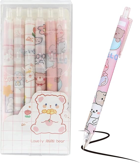 6Pcs Retractable Gel Ink Pens, Cartoon Kawaii Cute Bear Gel Pens, 0.5mm Black ink Smooth Writing Pens Student Supplies for Girl Women Writing Journaling Taking Notes School Office