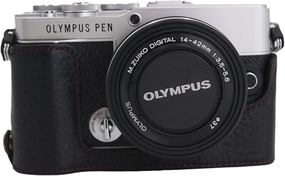 E-P7 Case, BolinUS Handmade Genuine Real Leather Half Camera Case Bag Cover for Olympus Pen E-P7 EP7 Bottom Opening Version + Hand Strap (Black)