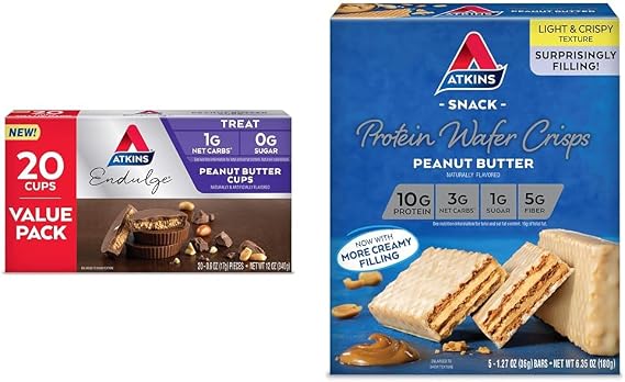 Atkins Endulge Peanut Butter Cups, Dessert Favorite, Low Carb, 0g Sugar, 20 Count & Peanut Butter Protein Wafer Crisps, Protein Dessert, 4g Net Carb, 1g Sugar, Keto Friendly, 5 Count