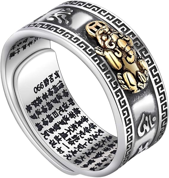 99 Silver PiXiu Buddhist Heart Sutra Ring for Men Women, Feng Shui Ring, Lucky Wealth Jewelry Ring,Opening Adjustable Mantra Amulet Wealth Luck Ring